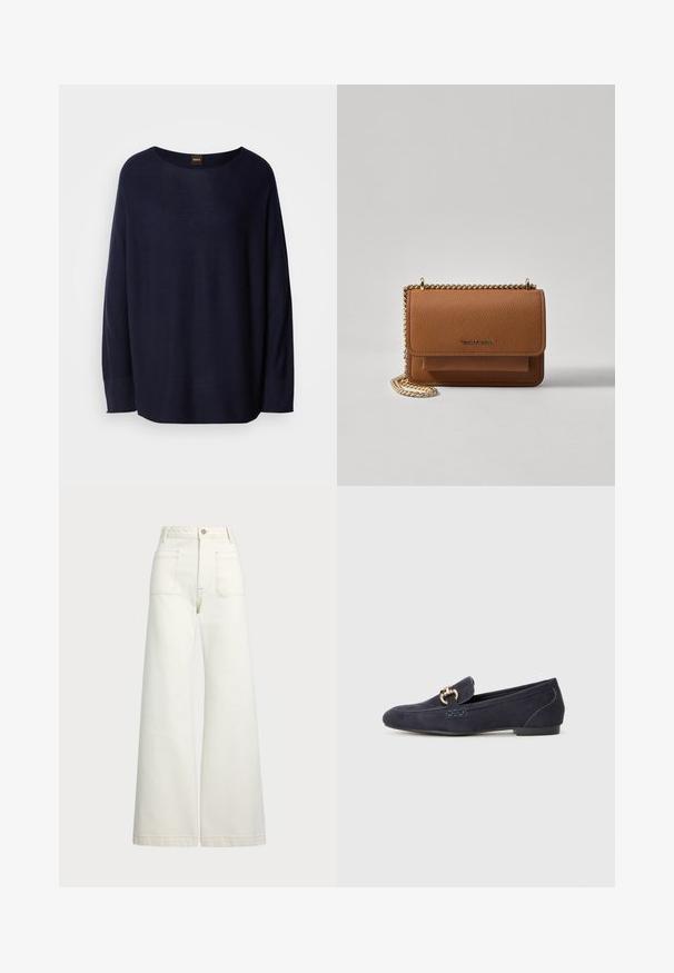 Mørk blå genser laget av myk stoff, med rund hals, lange ermer og en avslappet passform. Ingen mønstre eller hardware detaljer synlige.; Vidde bukser i off-white denim. Høyt liv-design med knappelukking, to frontlommer og kontrastsøm detaljer.; Marineblå suede loafers med rund tå, som har en dekorativ metallkjede-accent og en lav hæl med kontrasterende sømdetaljer.; Brun teksturert lær crossover-veske med gullkjede-stropp og klaffelukking. Fronten har logo-detalj og en lomme under klaffen.