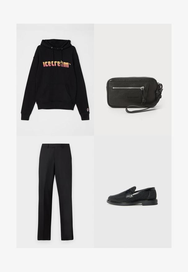 Black sweatshirt with a hood and front pocket. Features multicolored "icecream" text logo and small ice cream graphic on the sleeve.; Black, straight-leg trousers made of smooth fabric. Features a standard waistband and no visible patterns or accents.; Black woven slip-on shoe with a smooth leather accent on the upper, a round toe design, and a low-profile rubber sole.; Black leather clutch with textured surface, front zip pocket, and detachable wrist strap. Features a logo patch on the front. Rectangular shape.