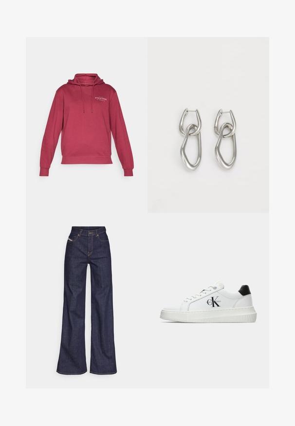 Tumši sarkans mörse ar auklām un priekšējo kabatu. Uz krūšu zonas ir neliela balta grafika ar tekstu "ATHLEISURE". Mīksta auduma.; Tumši zili platleņķa džinsi no denima auduma ar augstu jostasvietu, ar oranžām šuvēm, piecu kabatu dizainu un pogu aizdari.; Baltā zema topa sporta apavas ar melnu papēža cilni, platformas zoli, auklēm un Calvin Klein "CK" logo sānos.; Calvin Klein STATEMENT LINKS - Auskari - silver-coloured