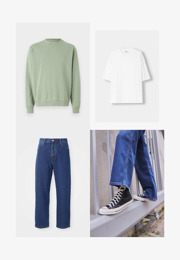 Light green crewneck sweatshirt with long sleeves, crafted from soft material, featuring ribbed cuffs and hem, and a relaxed fit.; White short-sleeved t-shirt made from cotton, featuring a round neckline and a relaxed fit. Smooth texture, with no visible patterns or accents.; High-waisted blue jeans made of denim, featuring a straight leg silhouette, visible stitching, and a front button closure.; Black high-top sneakers with white sole and laces, paired with loose blue denim jeans, resting on a gray railing.