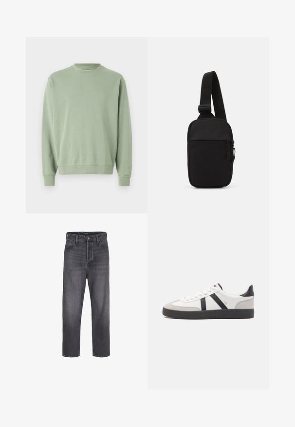 Lysegrønn crewneck sweatshirts med lange ermer, laget av mykt materiale, med ribbestrikkede mansjetter og nederkant, samt en løs passform.; Mørkegrå denimjeans med rett ben-design, høy midje, fem lommer, og lys bleking. Metallknapp og glidelås-lukking.; Hvite sneakers med svarte og grå detaljer, med en teksturert grå tåhette, svart gummisåle, og flate hvite lisser. Rent design, minimalistisk stil.; Svart skulderveske laget av slitesterkt stoff, med en justerbar stropp, en glidelåslukking på hovedrommet og en frontlomme.