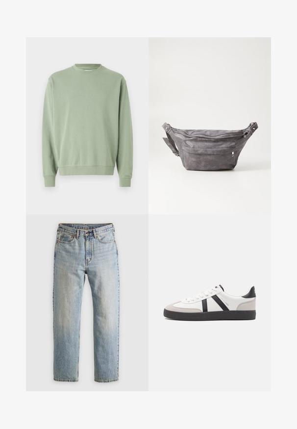 Felpa verde chiaro a girocollo con maniche lunghe, realizzata in materiale morbido, con polsini e orlo a coste e una vestibilità rilassata.; Jeans in denim azzurro chiaro con vita alta, bottone anteriore, cerniera e design a cinque tasche, adagiati su uno sfondo neutro.; Sneaker bianco con accenti neri e grigi, dotata di una punta grigia testurizzata, suola in gomma nera e lacci bianchi piatti. Design pulito, stile minimalista.; Fanny pack in suede grigio con forma arrotondata, due scomparti con cerniera e tracolla regolabile. Presenta dettagli in metallo.