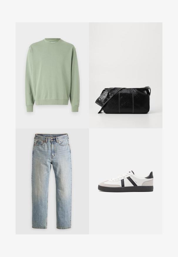 Vihreä crewneck-paitasilkkimekko pitkillä hihoilla, valmistettu pehmeästä materiaalista, jossa on ribattuja hihansuita ja helmaa, ja rento istuvuus.; Vaaleansininen farkut, joissa on korkea vyötärö, etunappi, vetoketju ja viisi taskua, asetettu tasaisesti neutraalille taustalle.; Valkoiset lenkkarit mustilla ja harmailla yksityiskohdilla, joissa on teksturoitu harmaa kärki, musta kumipohja ja litteät valkoiset nauhat. Siisti muotoilu, minimalistinen tyyli.; Mustakulmainen nahkainen olkalaukku, jossa on vetoketjukiinnitys, teksturoitu pinta, valkoiset ompeleet ja hihna, jossa on hopeiset niitit.