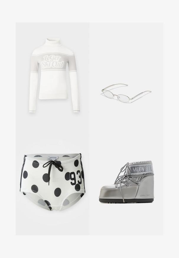 White turtleneck sweater featuring a light gray "Le Ger Ski Club" graphic and gray stripes across the chest. Ribbed cuffs and hem.; Black and white polka dot swim shorts with a drawstring waistband, featuring the number "93" on the front and a smooth, stretchy fabric.; Silver waterproof boot with a rounded shape, textured finish, and grey laces. Features a prominent "MOON BOOT" logo on the upper section.; Oval glasses with a metallic silver frame, clear lenses, and textured beaded temple accents. Lightweight design with curved arms.