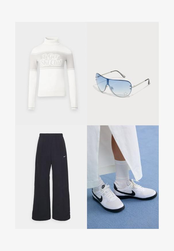 Pull à col roulé blanc avec un graphisme "Le Ger Ski Club" en gris clair et des rayures grises sur la poitrine. Poignets et ourlet côtelés.; Pantalons larges noirs avec une taille élastique et un petit logo Nike blanc. Le tissu a une texture lisse, conçu pour le confort et un style décontracté.; Baskets Nike blanches avec des accents noirs, présentant un dessus en cuir lisse, des lacets blancs et des semelles en caoutchouc robustes, associées à des chaussettes blanches à côtes.; Lunettes de soleil aviateur avec des verres dégradés bleus, une monture en métal argenté et des accents décoratifs en forme d'étoile sur les verres. Design lisse et élégant.