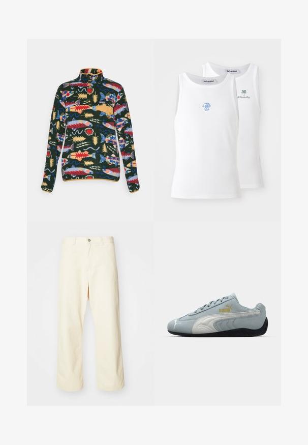Hosszú ujjas bolyhos pulóver színes hal- és tengeri növényzet mintával, patentgombos gallérral és világosbarna mellzseb fedéllel.; Két fehér trikó, bordázott textúrával, kék és zöld hímzett logókkal. Az egyik napocska mintás, a másik pálmafás.; Tejbevonatos, széles szárú, krémszínű pamut nadrág gombos záródással, övhurkokkal és varrott szegéllyel. Simaszövetű, minta nélkül.; Világoskék velúr sportcipő fehér részletekkel, texturált oldalsó dizájnnal, fekete gumitalppal és arany logóval. Sportos viseletre tervezve.