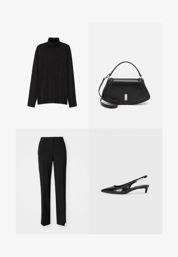 Svart polotröja i lättstickad kvalitet. Har lång ärm, hög krage och en avslappnad passform med ribbad kant.; Svarta skräddarsydda byxor med rak benform, med en slät yta och skarpa veck fram. Ingen synlig hårdvara.; Svart läder slingback-hälar med spetsig tå, med en smal klack och en guldtonad detalj på den justerbara remmen. Slät textur.; Svart läderhandväska med en strukturerad design, som har en avskuren form, ett handtag upptill och guldiga detaljer. Justerbar axelrem ingår.