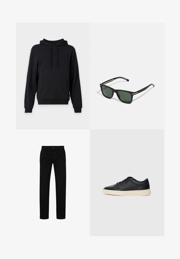Sudadera negra de mezcla de algodón, con bolsillo tipo canguro, capucha ajustable con cordón y logo embossado en el pecho.; Pantalones de algodón negros con corte recto, que cuentan con cierre de botón, trabillas para el cinturón y un diseño minimalista. Textura suave, sin patrones.; Zapatilla negra de piel de caña baja con cordones negros y suela color crema, mostrada en perfil lateral sobre fondo blanco.; BOSS Gafas de sol - black