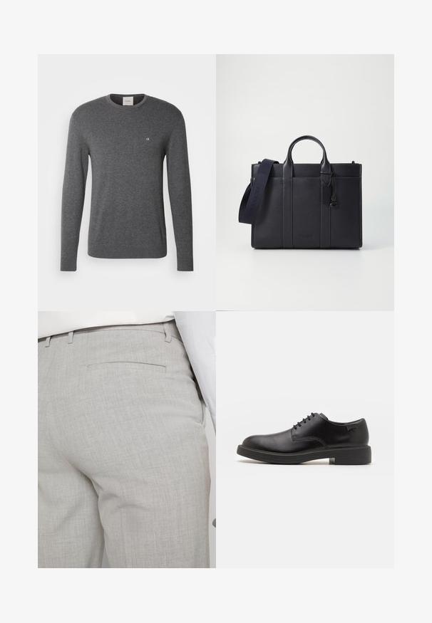 Calvin Klein SWEATER - Trui - dark grey heather; Lichtgrijze, op maat gemaakte broek van gestructureerde stof, met een enkele achterzak en nette stiksels.; Zwarte leren veterschoen met een ronde neus, een gladde textuur, minimale stiksels en een lage rubberen hak. Logo op de hak.; Donkerblauwe leren aktetas met dubbele bovenhandgrepen en een afneembare schouderband. Kenmerkt zich door een gestructureerde afwerking, verticale stiksels en een logo-detail.