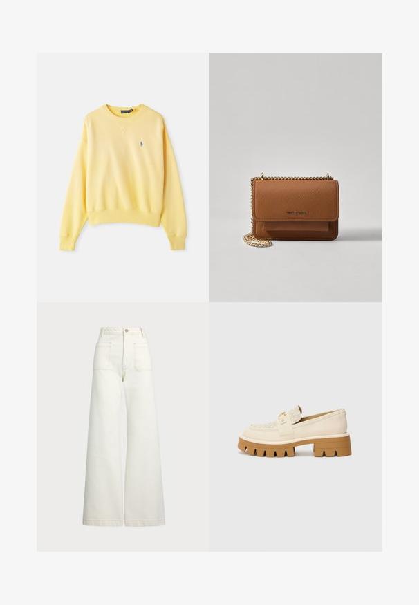 Żółta bluza z bawełny, z okrągłym dekoltem, ściągaczami na rękawach i małym niebieskim logo na lewej piersi, o gładkiej fakturze.; Spodnie dżinsowe o szerokich nogawkach w odcieniu off-white. Wysoki stan z zapięciem na guzik, dwiema kieszeniami z przodu i detalami z kontrastowym przeszyciem.; Beżowe loafersy z teksturowanym kremowym paskiem, posiadające masywną brązową podeszwę z ząbkowanym wzorem. Złoty akcent przy detalach klamry.; Brązowa skórzana torba na ramię z teksturą, z złotym łańcuszkiem i zapięciem na klapkę. Z przodu znajduje się detal z logo oraz kieszeń pod klapką.