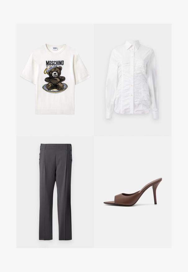 T-shirt blanc à manches courtes avec un graphisme d'ours noir sur une assiette bleue décorative. "Moschino" imprimé au-dessus du design en noir. Tissu doux.; Chemise blanche à manches longues avec un texture froncée sur le devant, petits boutons dorés et col standard.; Pantalons ajustés gris avec une coupe droite, plis à l'avant et boutons décoratifs sur les côtés pour plus de détails. Texture de tissu lisse.; Mules à talons hauts ouverts en cuir marron avec un design épuré, dotés d'une large sangle avant et d'un talon aiguille élancé.