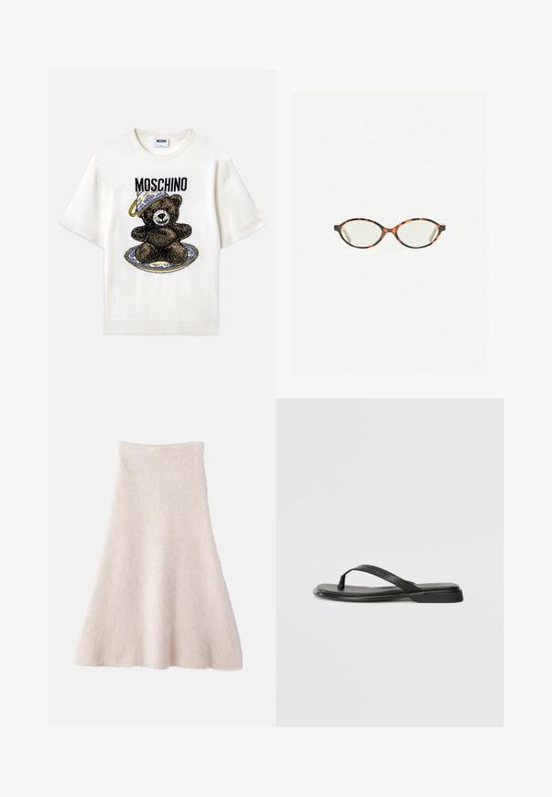 Witte T-shirt met korte mouwen, afgebeeld met een zwart berenafbeelding op een decoratief blauw bord. "Moschino" in zwarte letters boven het ontwerp gedrukt. Zachte stof.; Een lichtbeige A-lijnrok van zacht, gestructureerd materiaal, met een gladde tailleband en een vloeiende silhouet.; Zwarte teenflip-flop van glad leer, met een dunne band en een platte zool met een minimalistisch profiel. Geen opvallende patronen of accenten.; Kattenoogbril met ovale lenzen en een strakke, gladde afwerking. Heeft dunne zijkanten met een subtiele kromming bij de slapen. Transparante lenzen.; Geweven rieten schoudertas met een gebogen vorm, voorzien van een donkere leren strap en een gemêleerd oppervlak met een chevronpatroon.