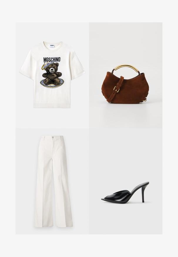 Hvid t-shirt med korte ærmer, der har et sort bjørne grafik på en dekoreret blå tallerken. "Moschino" trykt over designet i sort. Blødt stof.; Hvide vidde bukser lavet af bomuld med en glat tekstur. Har en frontknap, lynlås, og fire-lomme design.; Sorte læder højhælede mules med åbent tådesign, spidse former, glat tekstur og en slank stiletto hæl.; Brun ruskinds håndtaske med et buet håndtag i guldfarve, justerbar rem og blød tekstur. Den har et minimalistisk design uden synligt hardware.