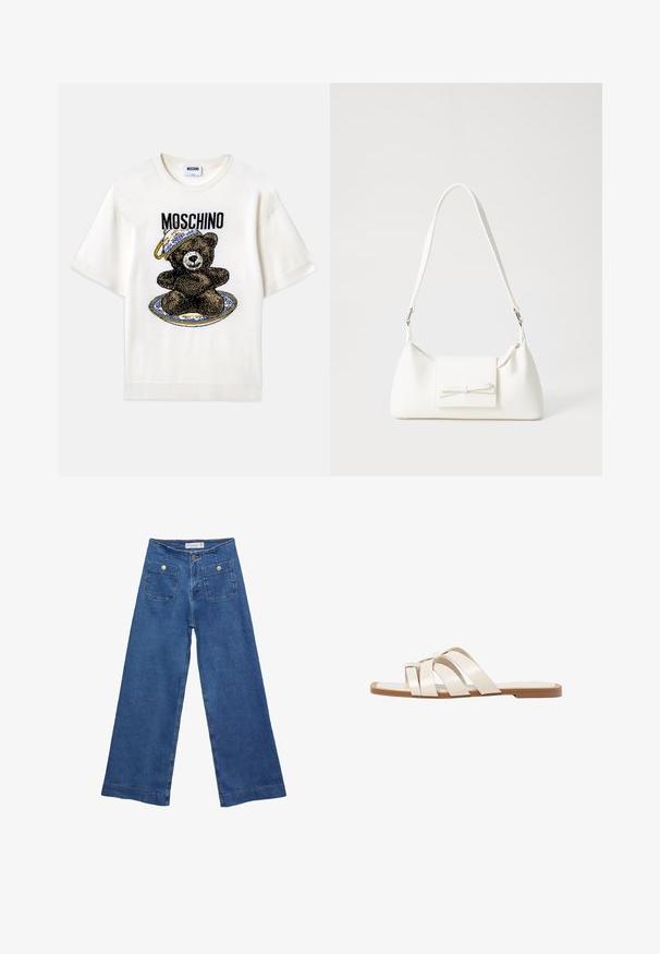 Biele tričko s krátkym rukávom so zobrazením čierneho medveďa na dekoratívnej modrej doske. Nápis "Moschino" vytlačený nad dizajnom v čiernej farbe. Mäkkučký materiál.; Džínsy s širokými nohavicami v stredne modrej farbe, s dvoma prednými vreckami na gombíkovné zapínanie a šitými detailmi pozdĺž lemov.; Ploché sandále s hnedou gumovou podrážkou, navrhnuté s tromi prekrývajúcimi sa bielymi koženými popruhmi a malou mašličkou uprostred.; Biela syntetická kabelka s trojuholníkovým tvarom, plochým predným klapkou a detailom mašle, nastaviteľným popruhom, hladkou textúrou a minimalistickým dizajnom.