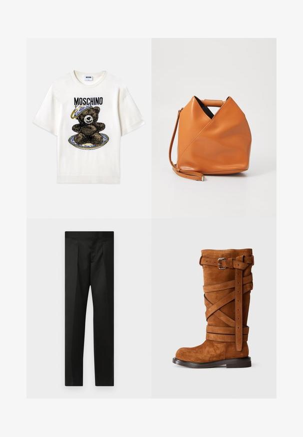 Fehér, rövid ujjú póló, fekete medve grafikával egy díszes kék tányéron. A dizájn felett "Moschino" felirat található feketén. Puha anyag.; Fekete nadrág sima anyaggal, testhezálló fazonnal, egyenes lábakkal és lapos derékkal, látható zárak vagy zsebek nélkül.; Barna velúr térdig érő csizma, keresztbe fűzött pántokkal, két ezüst csattal és lapos talppal. Jellemzője a kerek orr és a texturált felület.; Barna bőr kézitáska egyedi háromszög alakú hajtásdizájnnal, felső fogantyúval és levehető vállpánttal, fehér háttér előtt.