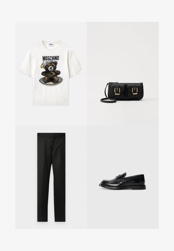 Fehér, rövid ujjú póló, fekete medve grafikával egy díszes kék tányéron. A dizájn felett "Moschino" felirat található feketén. Puha anyag.; Fekete nadrág sima anyaggal, testhezálló fazonnal, egyenes lábakkal és lapos derékkal, látható zárak vagy zsebek nélkül.; Fekete bőr loaferek, varrott mintával, kis elülső hajtókával és lapos gumitalppal. Simább textúra aranyszínű hardware kiemeléssel.; Fekete bőr keresztbody táska két elülső zsebbel, arany csattokkal, cipzáras záródással és vékony pánttal. Textúrált felület és kompakt téglalap alak.