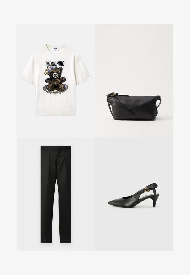 Tricou alb cu mânecă scurtă, prezentând un grafic cu un urs negru pe un farfurie decorativă albastră. "Moschino" imprimat deasupra designului în negru. Țesătură moale.; Pantaloni negri cu un material neted, design croit, picioare drepte și un talie plată fără închideri sau buzunare vizibile.; Pantofii slingback din piele neagră, cu vârf ascuțit, toc mic și detaliu cu cataramă pe brățara gleznei. Textură netedă, design minimalist.; Geantă din piele neagră, cu o formă rectangulară moale. Dispune de o curea detasabilă cu gauri ajustabile și un închizător în ton auriu. Textură netedă.