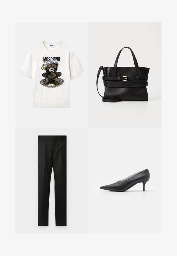 Hvid t-shirt med korte ærmer, der har et sort bjørne grafik på en dekoreret blå tallerken. "Moschino" trykt over designet i sort. Blødt stof.; Sorte bukser med en glat stof, skræddersyet design, lige ben og en flad talje uden synlige lukninger eller lommer.; Sorte spidse højhælede sko lavet af glat læder. Har en slank hæl og et minimalistisk design uden synlige udsmykninger.; Sort lædertaske med struktureret design, dobbelt hanke, aftagelig rem og guldspænde som accent på en vandret bælt.