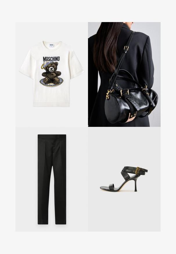 T-shirt bianca a maniche corte con una grafica di un orso nero su un piatto decorativo blu. "Moschino" stampato sopra il design in nero. Tessuto morbido.; Pantaloni neri realizzati in un tessuto morbido, design su misura, gambe dritte e una vita piatta senza chiusure o tasche visibili.; Sandal nero con tacco a spillo, straps incrociati e fibbia regolabile. Presenta una texture liscia e un tacco affusolato.; Borsa a mano in pelle nera con forma arrotondata, dotata di hardware dorato e cinture regolabili. Accenti in pelle nera testurizzata e dettagli beige.