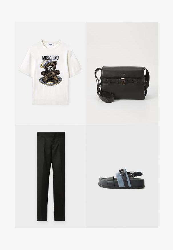 Bílý tričko s krátkým rukávem s grafikou černého medvěda na dekorativním modrém talíři. "Moschino" vytištěno nad designem černou barvou. Měkká tkanina.; Černé kalhoty s hladkým materiálem, přizpůsobeným střihem, rovnými nohavicemi a plochým pasem bez viditelných zapínání či kapes.; Černé a modré sandály s tlustou platformou, vyrobené z kůže a denimu, nastavitelné s přezkou a s otevřenou špičkou.; Černá kožená kabelka se strukturovaným tvarem. Obsahuje zlatou přezku, nastavitelný popruh a hladkou texturu. Minimalistický design.