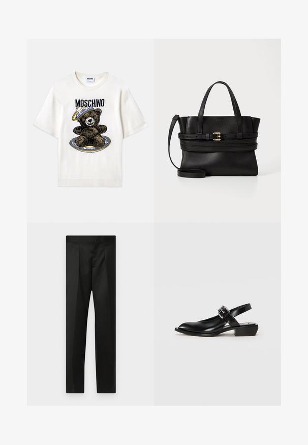 Bílý tričko s krátkým rukávem s grafikou černého medvěda na dekorativním modrém talíři. "Moschino" vytištěno nad designem černou barvou. Měkká tkanina.; Černé kalhoty s hladkým materiálem, přizpůsobeným střihem, rovnými nohavicemi a plochým pasem bez viditelných zapínání či kapes.; Černá kožená slingback obuv s špičatou špičkou, čtveratým podpatkem a nastavitelným sponovým popruhem. Hladká textura s minimalistickým designem.; Černá kožená kabelka se strukturovaným designem, dvojitými horními uchy, odnímatelným popruhem a zlatým zdobením na horizontálním pásku.