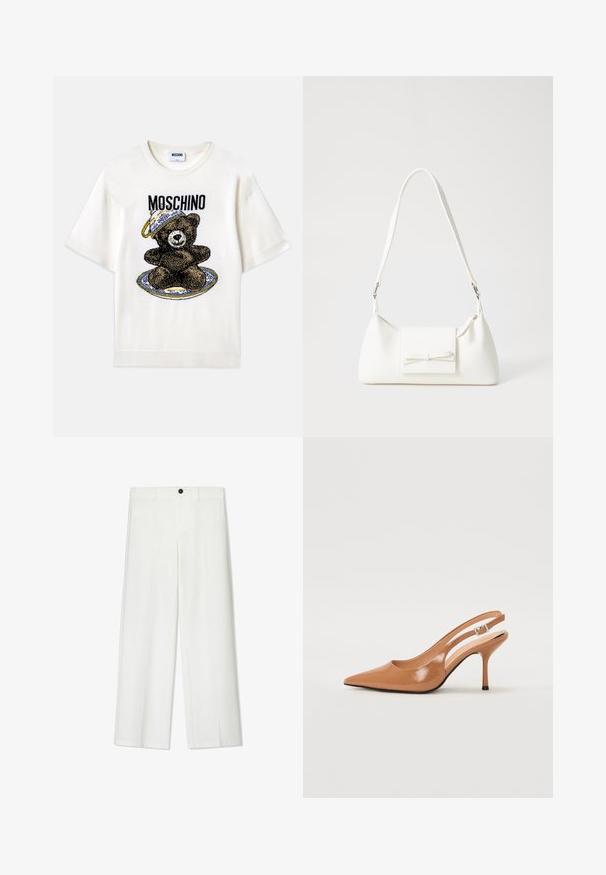 Witte T-shirt met korte mouwen, afgebeeld met een zwart berenafbeelding op een decoratief blauw bord. "Moschino" in zwarte letters boven het ontwerp gedrukt. Zachte stof.; Witte, wijde broek met een gladde textuur, voorzien van een sluiting met een knoop aan de voorkant en riemlussen, ontworpen voor een relaxte pasvorm.; Puntige slingback hak in een glad, glanzend beige materiaal. Bevat een gebogen uitsnijdontwerp en een slanke stiletto hak. Zilveren gesp detail.; Witte synthetische handtas met een driehoekige vorm, platte voorklep en strikdetail, verstelbare schouderriem, gladde textuur en minimalistisch ontwerp.