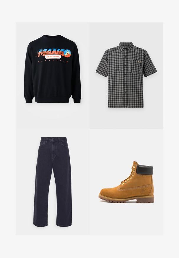 Schwarzer Sweatshirt mit blauem und orangefarbenem "MANASTASH SPORTSWEAR"-Logo und einer stilisierten laufenden Figur auf der Brust.; Kurzarmhemd im schwarz-weißen Karomuster, mit Kentkragen, Brusttasche und einem kleinen Etikett auf der Brust.; Dunkelblaue Jeans mit weitem Bein, hoher Taille und Fünf-Taschen-Design. Mit einer klassischen Knopf- und Reißverschlussöffnung ausgestattet.; Beige Wildleder-Ankle-Boot mit schwarzem gepolstertem Kragen, goldenen Metallösen, weißen Nähdetalben und einer robusten Gummisohle mit ausgeprägtem Profil.
