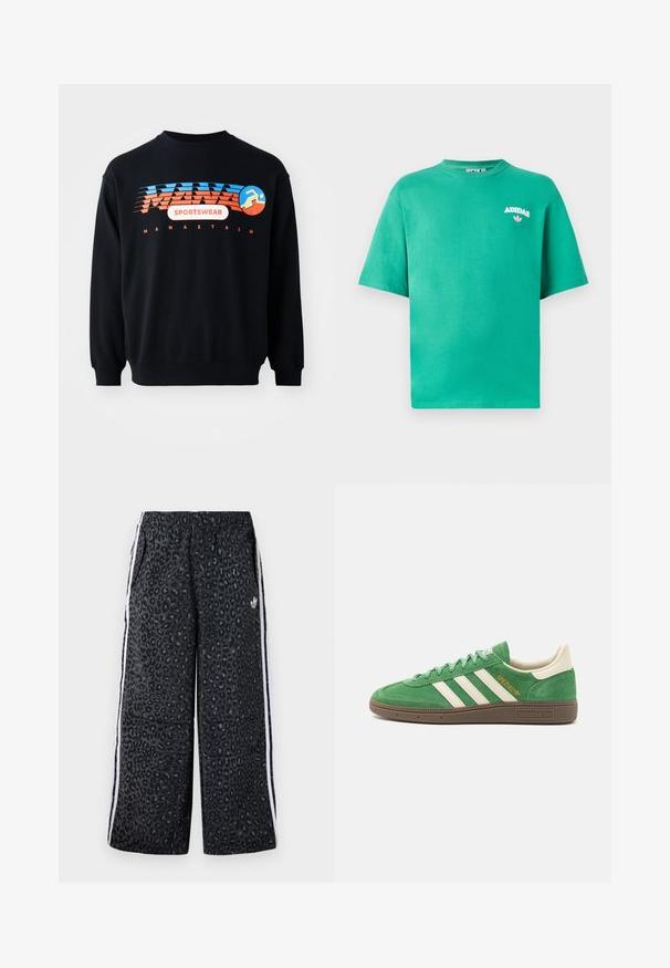 Melna sporta krekls ar zilu un oranžu "MANASTASH SPORTSWEAR" logo un stilizētu skriešanas figūru uz krūtīm.; Zaļš kokvilnas T-krekls ar apaļu izgriezumu, īsām piedurknēm un izšūtu "ADIDAS" logo uz krūšu, ar ziedu akcentu zem teksta.; adidas Originals GRAPHIC UNISEX - Treniņtērpa apakšdaļas - black; Zaļi zamša sporta apavi ar baltu trīs svītru dizainu, krēma akcentiem un brūnu teksturētu zoli. "SPEZIAL" izšūts zeltā uz sāniem.