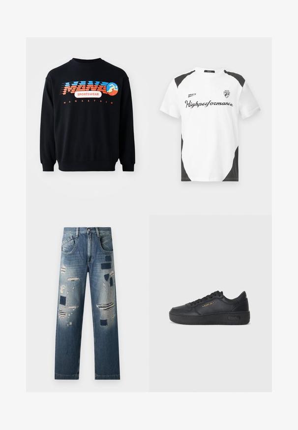 Must mustreid sinine ja oranž "MANASTASH SPORTSWEAR" logo koos stiliseeritud jooksja figuuriga rinnal.; Valge lühikeste varrukatega t-särk mustade aktsentidega. Omab "REPLAY FC" logo ja "Highperformance" teksti sportlikus kirjas. Valmistatud siledast materjalist.; Teksased, millel on kulunud plaastrid ja erinevad sinise tooni variatsioonid, sirge sääre lõike ja traditsioonilise viie tasku kujundusega.; Replay EPIC HIGH - Tossud - black