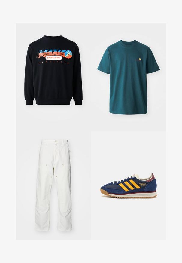 Sweatshirt preto com o logo "MANASTASH SPORTSWEAR" em azul e laranja e uma figura estilizada de um corredor no peito.; T-shirt de algodão teal com mangas curtas, decote em crew e um pequeno logo bordado em amarelo e vermelho no lado esquerdo do peito.; Calças cargo brancas em algodão com um corte descontraído. As características incluem bolsos frontais, detalhes em metal dourado e áreas de joelhos reforçadas.; Sneaker de camurça azul-marinho com riscas amarelas, atacadores brancos e realces em bordeaux. Sola texturizada com relevos para aderência. Logótipo da marca de lado.