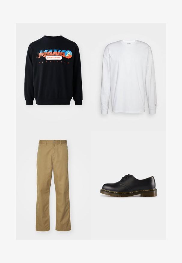 Black sweatshirt with blue and orange "MANASTASH SPORTSWEAR" logo and a stylized running figure on the chest.; White long-sleeved T-shirt made of cotton. Crew neck design with ribbed cuffs and a small logo on the left sleeve. Smooth texture.; Khaki chinos with a straight leg design, made of smooth cotton fabric. Features a front button closure and side pockets.; Black leather shoe with rounded toe, lace-up design, yellow stitching along the sole, and a chunky, textured rubber outsole.