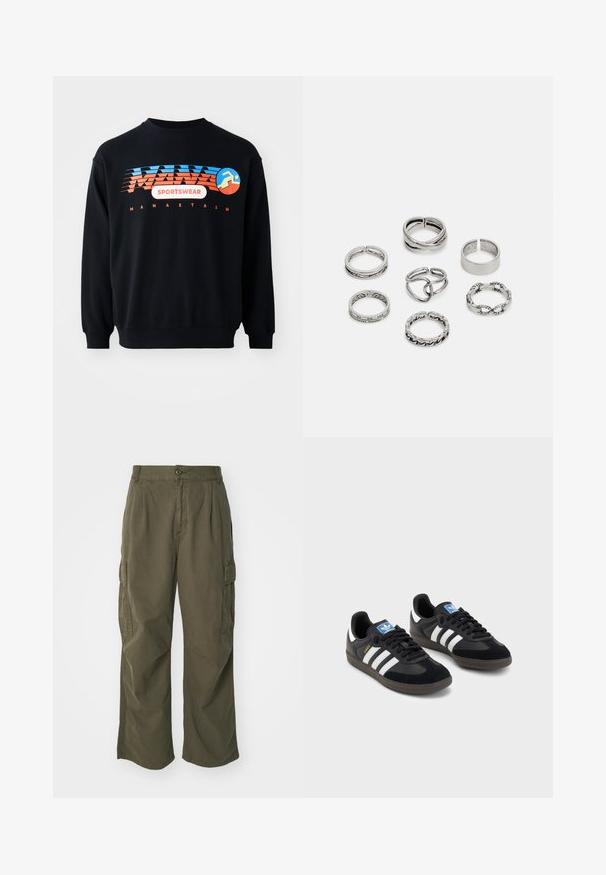 Felpa nera con logo "MANASTASH SPORTSWEAR" blu e arancione e figura stilizzata di un corridore sul petto.; Pantaloni cargo in verde oliva, realizzati in cotone, con un design a gamba larga, pieghe e tasche laterali per utilità.; Sneakers neri con tomaia in suede e materiale sintetico, caratterizzati da tre strisce bianche, suola in gomma testurizzata e etichetta blu sul linguetta.; Set di sette anelli in argento con diversi design, tra cui motivi attorcigliati, collegati e incisi. Diverse forme e larghezze.