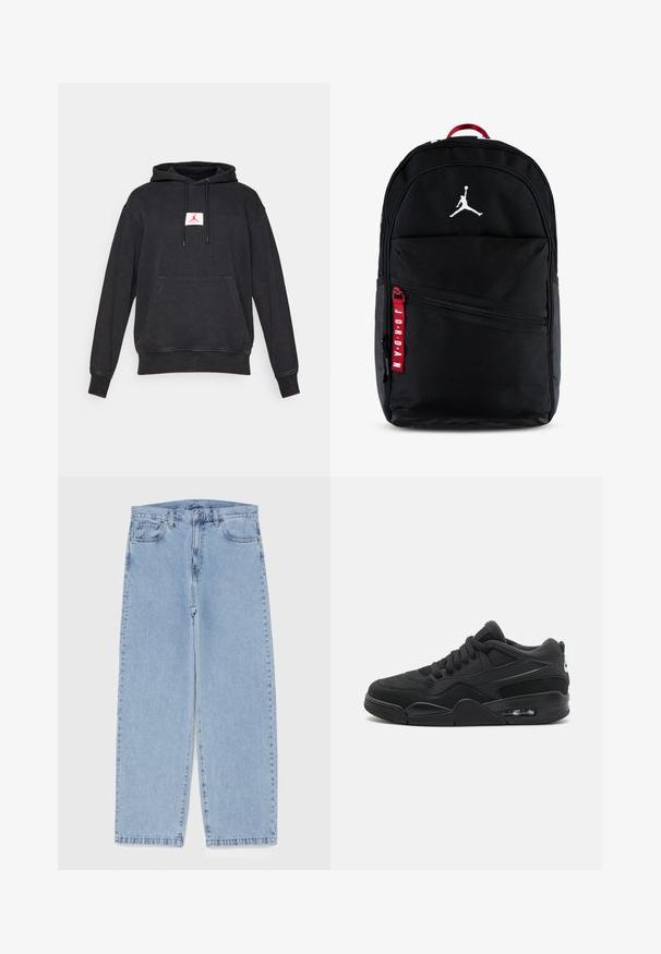 Mustriga must kapuutsiga kampsun, millel on eesmine tasku ja punane Jumpman logo valgel päisel, mis on keskel rinnaosas, esitatud valgel taustal.; Heled sinise denimi sirgete põlvede lõikega teksad, millel on keskmise kõrgusega vöökoht, viis taskut ning nööbid ja tõmblukk.; Jordan AIR JORDAN 4 UNISEX - Tossud - black/white; Musta nailonist seljakott, millel on valge Jumpman logo, mitmed tõmblukkudega taskud ja punane tõmblukuotsi, millel on tekst "JORDAN".; Jordan JUMPMAN DUFFLE UNISEX - Spordikott - black/white