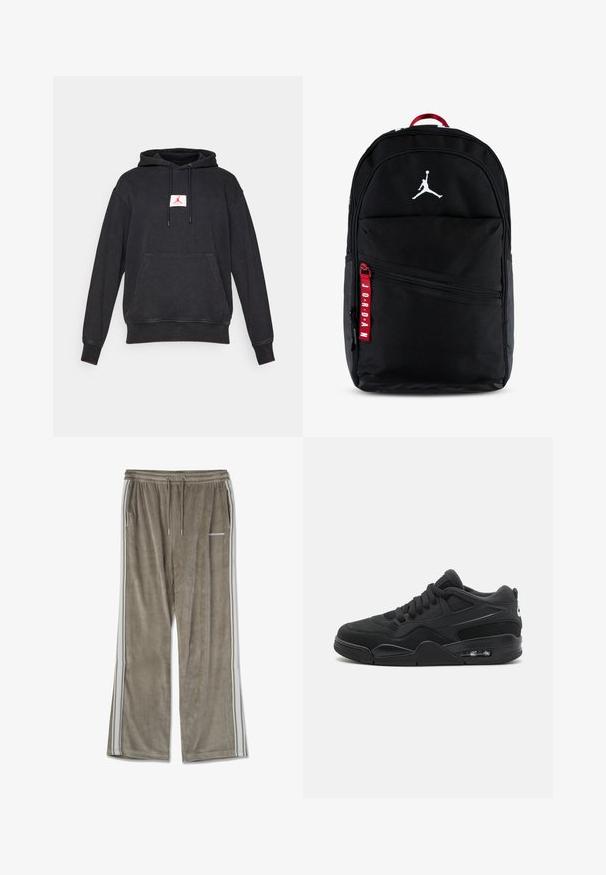 Črna kapuca s sprednjim žepom in rdečim Jumpman logotipom na belem obližu, centrirana na prsih, prikazana na belem ozadju.; Kordurojske trenerke v svetlo rjavi barvi, z ohlapnim krojem, belimi stranskimi črtami in elastičnim pasom z nastavljivim vrvico.; Jordan AIR JORDAN 4 UNISEX - Športni copati - black/white; Črna nahrbtnik iz najlona, z belim Jumpman logotipom, več zadrgami in rdečim trakom za zategovanje z besedilom "JORDAN".; Jordan JUMPMAN DUFFLE UNISEX - Športna torba - black/white