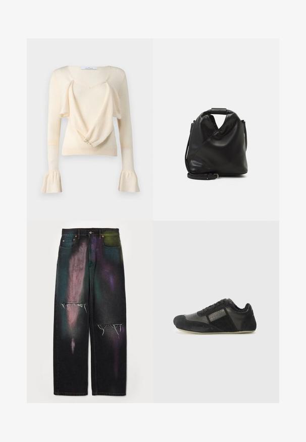 Cream sweater featuring a deep V-neck, draped front design, and long sleeves with bell cuffs. Soft texture and button detail at the front.; MM6 Maison Margiela PANTS 5 POCKETS - Relaxed fit jeans - black; Black athletic shoe with suede and leather materials. Features a rounded toe, lace closure, textured accents, and a flexible sole.; Black, soft leather bag with a unique twisted design. Features a short handle and a detachable shoulder strap. Minimalist style.