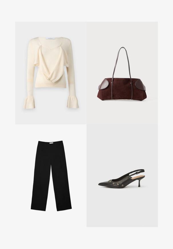 Pull crème avec un décolleté en V profond, un devant drapé et des manches longues avec des poignets évasés. Texture douce et détail de bouton à l'avant.; Pantalons larges en tissu noir, présentant une texture lisse, un design épuré et une fermeture zippée discrète sur le côté.; Escarpin à bride arrière en cuir noir avec bout pointu, petit talon et accents métalliques décoratifs le long de l'ouverture avant. Texture lisse.; Sac en daim marron avec des accents en cuir, forme structurée, double poignées, bords arrondis, présentant une texture lisse et un matériel minimal.; Bague en or avec un design de couronne à l'intérieur d'un fer à cheval, décorée de petites pierres précieuses claires, sur un fond blanc.
