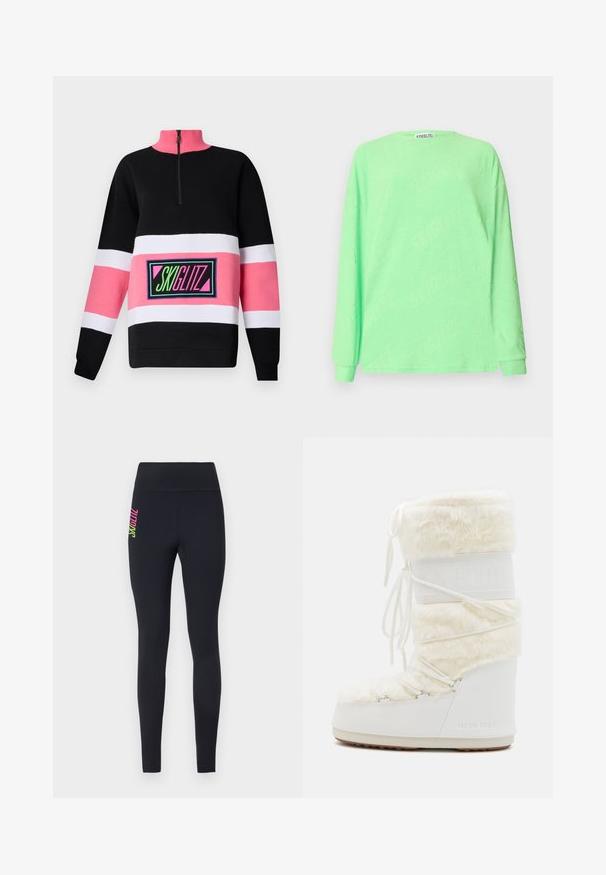 Sweatshirt colorat cu guler tip jumătate fermoar; prezintă panouri negre, roz și albe; logo-ul brodat "SKIGLITZ" în culori vibrante.; Hanorac cu mânecă lungă, de culoare verde deschis, cu guler rotund, dintr-un material texturat, care prezintă branding-ul repetat "STIEGLITZ" pe întreaga suprafață.; Leggings negre din material elastic, cu un talie înaltă și branding vertical colorat pe șoldul stâng, în nuanțe de roz și verde.; Cizme albe Moon Boot cu partea superioară din blană sintetică, șireturi în față și talpă din cauciuc. Finish texturat și logo embossed pe lateral. Design chunky, căptușit.