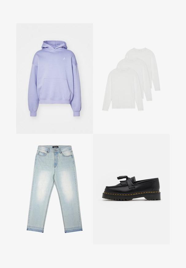Világoslila kapucnis pulóver, puha anyagból készült, elülső zsebbekkel és egy kis fehér logóval a mellkasán. A kapucni dupla rétegű kialakítású.; Három hosszú ujjú póló szett egyszínű fehérben. Puha, könnyű anyagból készült, kerek nyakkal és egyszerű, díszítetlen dizájnnal.; Pegador BARROW - Bő szabású farmernadrág - sand washed blue; Fekete bőr mokaszin, rojtos díszítéssel, masszív fekete talppal és sárga varrással az élén. Texturált felület.