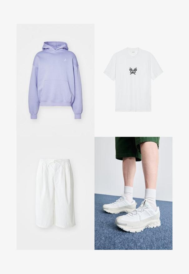 Hanorac violet deschis, fabricat dintr-un material moale, având o buzunar frontal și un mic logo alb pe piept. Gluga are un design cu două straturi.; Tricou alb din bumbac cu mâneci scurte și guler rotund. Prezintă un grafic central cu un fluture cu model de flacără neagră. Textură netedă.; Shorts albe cu talie elastică și șnur de ajustare, prezentate pe un fundal simplu de culoare deschisă. Potrivite pentru îmbrăcăminte casuală sau pentru vreme caldă.; Pantofi sport albi cu suprapuneri texturate, talpă masivă și accente gri. Purtați cu șosete albe până la glezne și pantaloni scurți verzi pe o suprafață albastră.