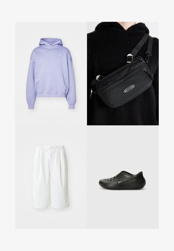 Šviesiai violetinė džemperis su gobtuvu, pagamintas iš minkštos medžiagos, su priekiu kišene ir mažas baltas logotipas ant krūtinės. Gobtuvas turi dvigubo sluoksnio dizainą.; Balti trumpai su elastinga liemene ir raiščiu, pateikti prieš paprastą šviesią fono. Tinka kasdienei ar šiltam orui.; Juodos slip-on klumpės, pagamintos iš lygaus plastiko, su išgaubtu dizainu, perforuotomis skylėmis viršuje ir subtiliu šoniniu logotipu.; Juodas nailono per petį nešiojamas krepšys su reguliuojama juosta, turintis lygią tekstūrą, priekinį užtrauktuką ir logotipo akcentą.