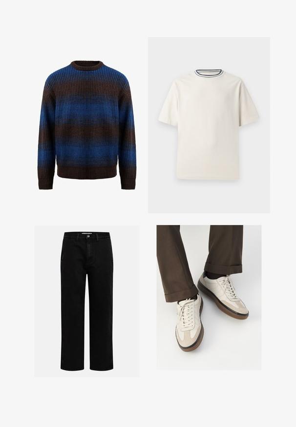 Knitted sweater in brown and blue with a ribbed texture, featuring horizontal stripes and a crew neckline. Long sleeves with ribbed cuffs.; Cream-colored cotton t-shirt with short sleeves, featuring a round neckline accented by navy and white stripes. Smooth texture, relaxed fit.; Black denim pants with a straight-leg cut, classic five-pocket design, and a button closure at the waist. Smooth texture and durable fabric.; Beige sneakers with a textured suede front, smooth leather sides, and a brown rubber sole. Laces and light stitching detail included.