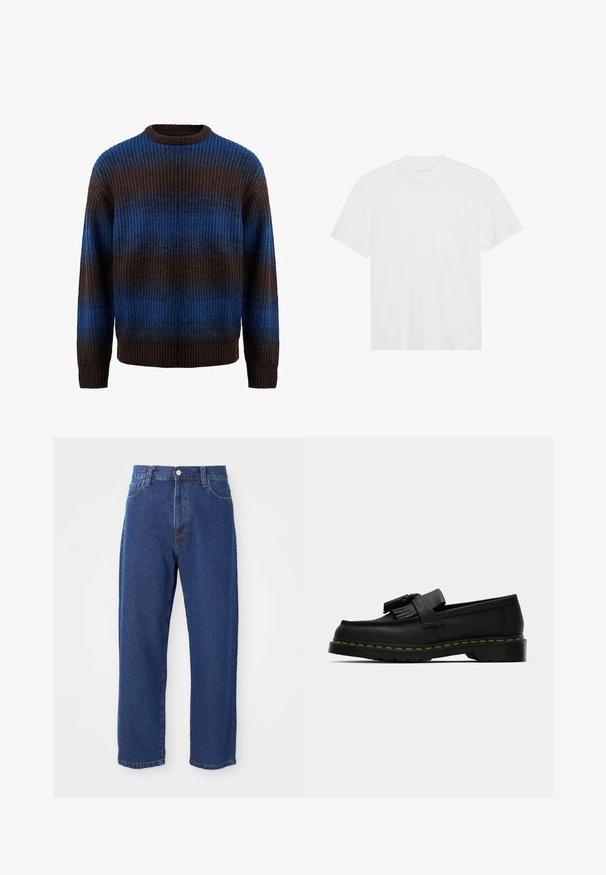 Maglione lavorato a maglia marrone e blu con una texture a coste, dotato di righe orizzontali e scollatura a girocollo. Maniche lunghe con polsini a coste.; T-shirt bianco in cotone con maniche corte, scollatura a girocollo e orlo dritto. Tessuto liscio, design minimalista senza motivi o dettagli.; Jeans blu a vita alta realizzati in denim, con una silhouette a gamba dritta, cuciture visibili e chiusura con bottone frontale.; Mocassino in pelle nera con nappine, cuciture gialle lungo la suola e una suola in gomma spessa e rigata.