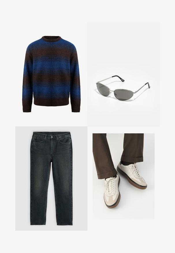 Knitted sweater in brown and blue with a ribbed texture, featuring horizontal stripes and a crew neckline. Long sleeves with ribbed cuffs.; Dark blue denim jeans with a straight-leg cut, featuring five pockets, a zip fly, and contrasting stitching. Subtle fading on the fabric.; Beige sneakers with a textured suede front, smooth leather sides, and a brown rubber sole. Laces and light stitching detail included.; Sunglasses with a sleek, silver metal frame, gray tinted lenses, and an aerodynamic design featuring pointed edges and thin arms.