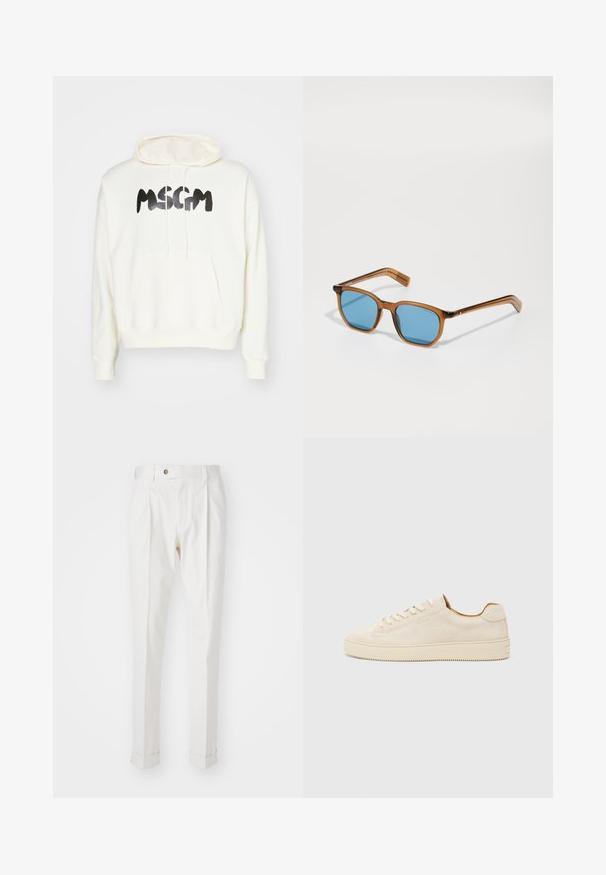 MSGM FELPA - Sweat à capuche - off white; Pantalons blancs sur mesure avec un devant plat, deux plis et des ourlets roulés. Fabriqués dans un tissu lisse avec une fermeture à bouton à la taille.; Baskets en suède beige au design low-top, à bout rond, avec des lacets plats et une semelle en caoutchouc texturée. Style minimaliste sans logos visibles.; Lunettes de soleil avec monture en plastique brun et verres bleus, de forme carrée, avec des branches fines, des accents texturés sur les tempes et une finition polie.