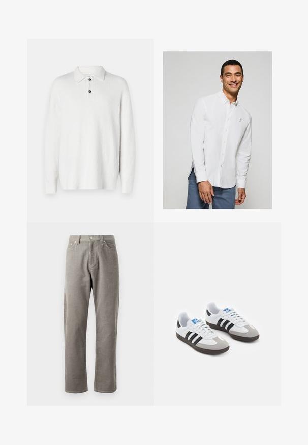 Maglione bianco realizzato in un tessuto morbido e testurizzato. Presenta un colletto classico, un'apertura con tre bottoni e maniche lunghe. Design semplice, senza motivi.; Camicia bianca a maniche lunghe con bottoni e un piccolo logo sul petto, abbinata a pantaloni azzurri chiari. Tessuto liscio con colletto classico.; Pantaloni in corduroy grigio con taglio dritto, caratterizzati da una vita alta, tasche frontali e una sottile texture a righe verticali.; Scarpe sportive con tomaia in pelle bianca, punta in suede grigia e tre strisce nere. Presentano un logo blu sulla linguetta e una suola in gomma testurizzata.