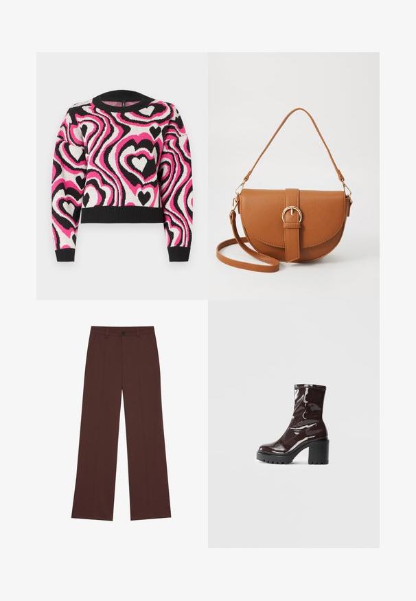 Knit sweater featuring a wavy pattern of pink, white, and black hearts. Ribbed neckline and cuffs; cropped design. Soft texture.; Wide-leg trousers in a rich brown fabric. Features a button closure, two front pockets, smooth texture, and clean lines.; Glossy burgundy ankle boot with a chunky black heel, featuring a smooth texture and simple design. No visible fastenings or patterns.; Brown leather crossbody bag with a curved shape, gold hardware, and a buckle accent. Features a detachable shoulder strap.
