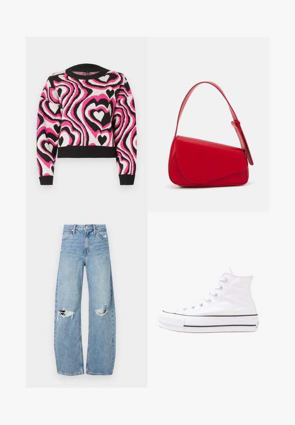 Pletený svetr s vlnitým vzorem růžových, bílých a černých srdcí. Hladký límec a manžety; zkrácený design. Měkká textura.; Světle modré džíny s vysokým pasem vyrobené z denimu. Mají široké nohavice, dvě roztržené oblasti na kolenou a klasický pětikapsový střih.; Bílé vysoké plátěné tenisky s černou gumovou podrážkou, přední gumovou špičkou a šesti očky na tkaničky, se čistým, minimalistickým designem.; Červená kožená kabelka s ostrým, geometrickým designem. Má jeden nastavitelný popruh a klopu s prošívanými detaily.