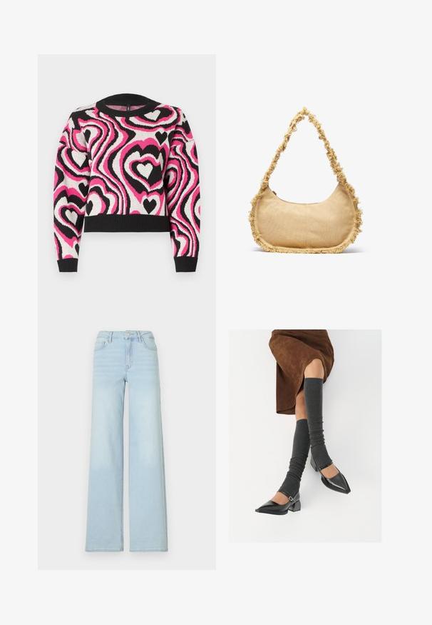 Pletený svetr s vlnitým vzorem růžových, bílých a černých srdcí. Hladký límec a manžety; zkrácený design. Měkká textura.; Světle modré džíny typu wide-leg vyrobené z denimu s klasickým pětipocket designem a předním zapínáním na knoflík. Vyznačují se mírným vyblednutím vpředu.; Černé lakované boty s špičatou špičkou, blokovým podpatkem a kotníkovým páskem, spárované s šedými žebrovanými návleky na nohy a hnědskou sukní z semiše.; Texturovaná béžová taška zaobleného tvaru se třepeným lemem podél okrajů a krátkým popruhem na nošení. Zipové otevírání nahoře.