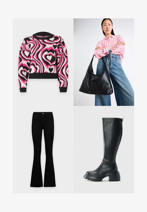 Sweater de malha com um padrão ondulado de corações rosa, brancos e pretos. Gola e punhos de canelado; design cropped. Textura suave.; Jeans pretos de cintura alta com fecho de botão e zíper, bolsos frontais e pernas largas dispostos em cima de um fundo branco.; Bota preta de couro alta com sola de plataforma robusta e salto bloco, apresentando puxador e padrão texturizado na sola.; Bolsa de ombro em couro preto com uma forma descontraída e detalhes costurados. O modelo usa uma camisa listrada em rosa e branco com jeans de perna larga azul.