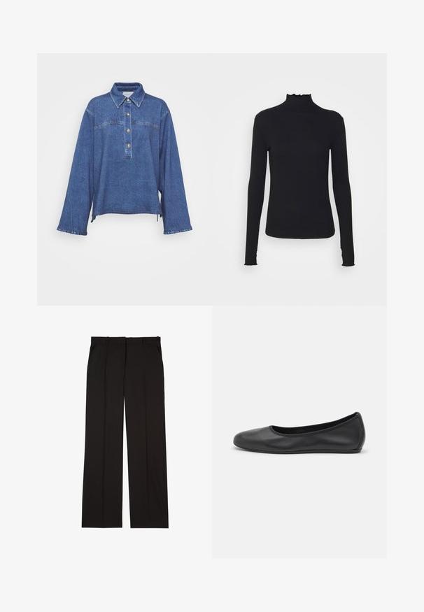 Dunkelblaue Jeanshemd mit langen Ärmeln, Kragen, einer Knopfleiste mit fünf Knöpfen und subtiler verblasster Struktur. Verfügt über einen gespaltenen Saum an der Seite.; Schwarz, langärmliges Turtleneck-Oberteil aus glattem Material, mit einem gerafften Kragen und einer enganliegenden Silhouette mit einfachen Kanten.; Schwarze, maßgeschneiderte Hosen aus einem glatten Stoff, mit geradem Bein und zwei Seitentaschen. Elegante und minimalistische Konstruktion.; Schwarze Leder-Ballettschuhe mit abgerundeter Spitze, glatter Textur, minimalen Nähdetails und einem flexiblen Sohlen-Design.